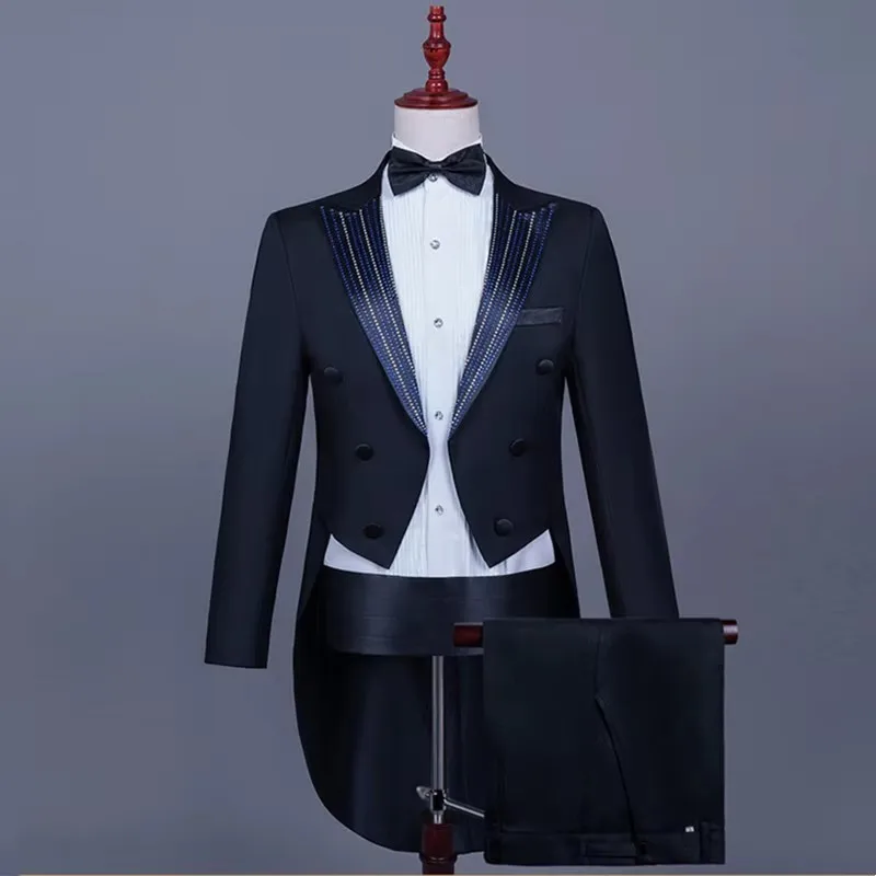 

Мужской черный, белый цвет, модный тонкий фрак, смокинг, воротник со стразами и кристаллами, комплект из 2 предметов, певица, волшебник, вокалист, костюм