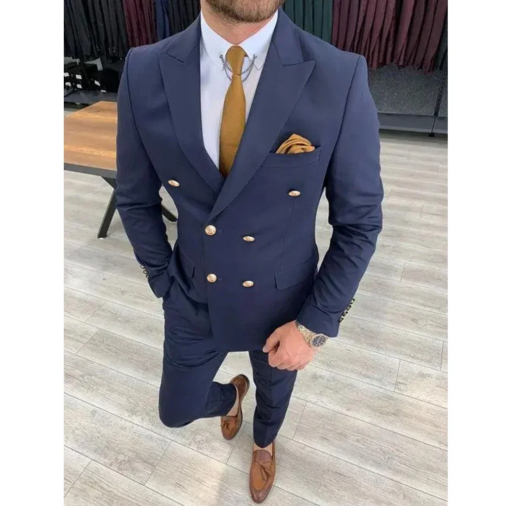 Men Suit Navy Blue Peak Lapel Double Breasted Elegant Groom Full Set 2 Piece Jacket Pants Skinny Costume Homme Terno