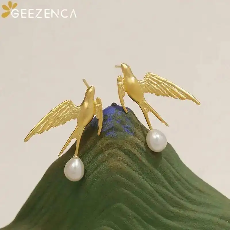 GEEZENCA 925 Silver Pearl 3D Swallow Bird Statement Earrings Women Designer Trendy Dainty Unique Stud Earring Party Gift For Her