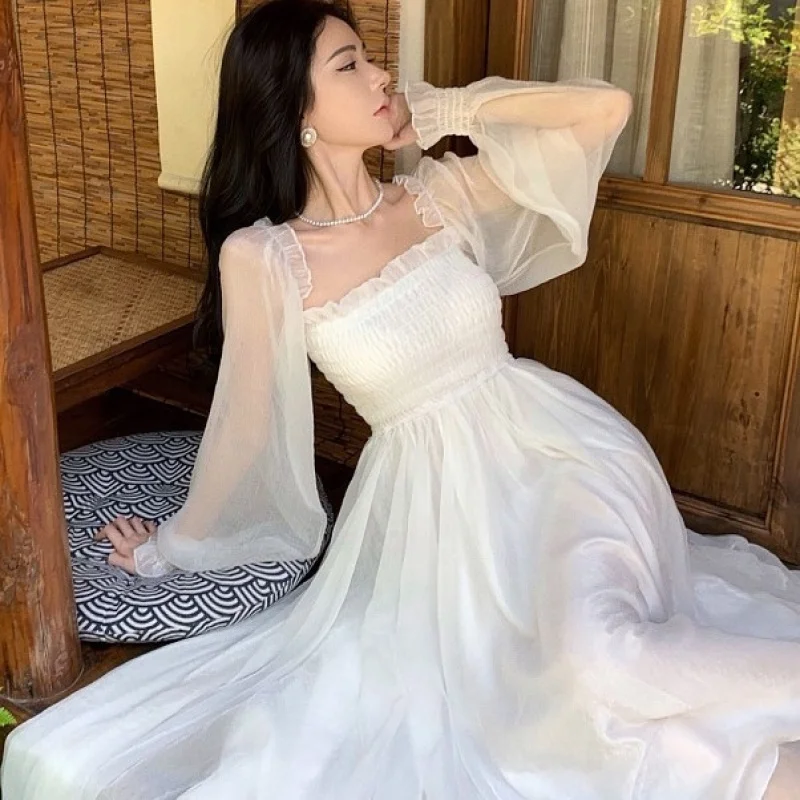 Gaun Pantai Wanita Satu Bahu Lengan Panjang Berpinggang Ramping Bahan Polyester Ringan Model Maxi Kasual untuk Liburan