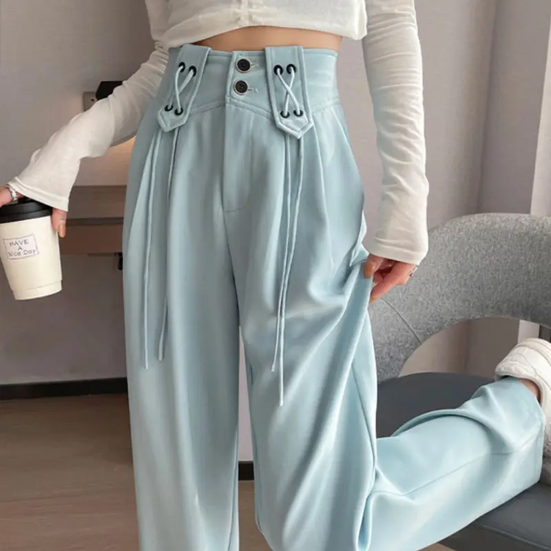 Fashion Elastic Lace Up Folds Solid Color Straight Casual Pants Female Clothing 2024 Summer Loose Korean High Waist Trousers