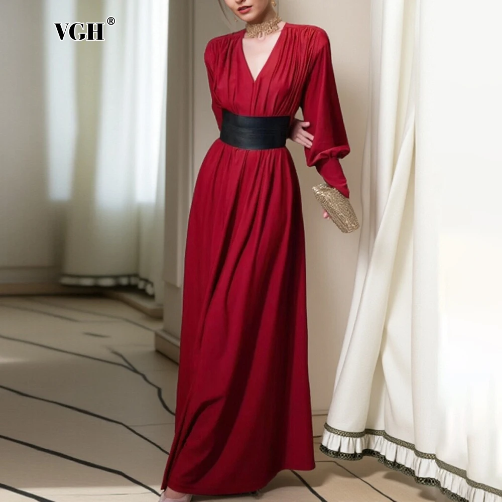 VGH Elegant 2 Piece Set for Women V Neck Long Sleeve Top High Waist Patchwork Leather Girdle with Zipper Skirt Folds Sets Female