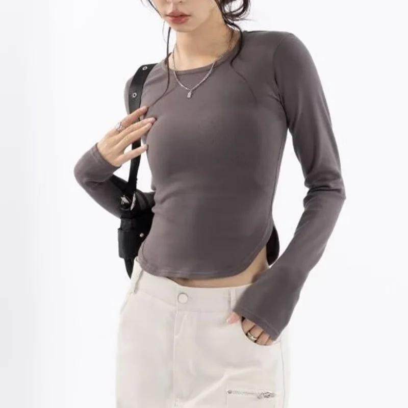 2026 Spring and Autumn Arc Fishbone Slimming and Slimming Bottom Shirt Top Round Neck Long Sleeve T-shirt for Women