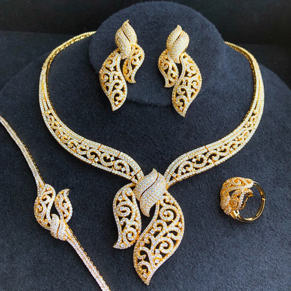 

Kellybola New Luxury Bow Necklace Bangle Earrings Ring 4PCS For Noble Women African Dubai Noble Bridal Jewelry Sets Wedding Set