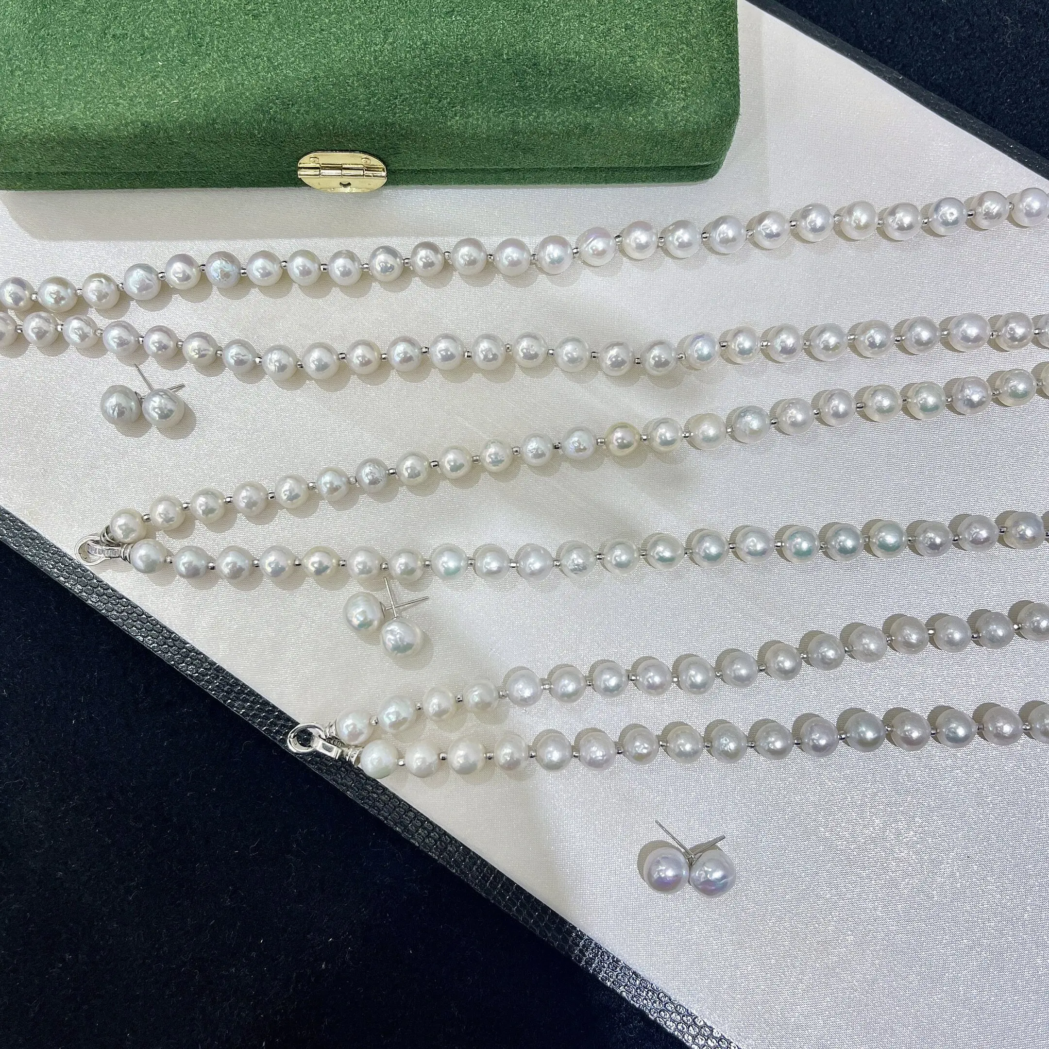 

Natural Pearl Necklace+Earrings Japanese White Pearl Necklace 18in/925s Set AAAA8-9mm