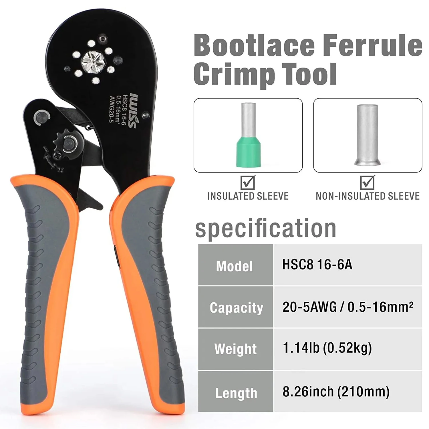 IWISS HSC8 16-6 pinze a crimpare autoregolabili per AWG20-5 Bootlace End-sleeves ghiera Ratchat Wire Crimper Tool Clamp Tool