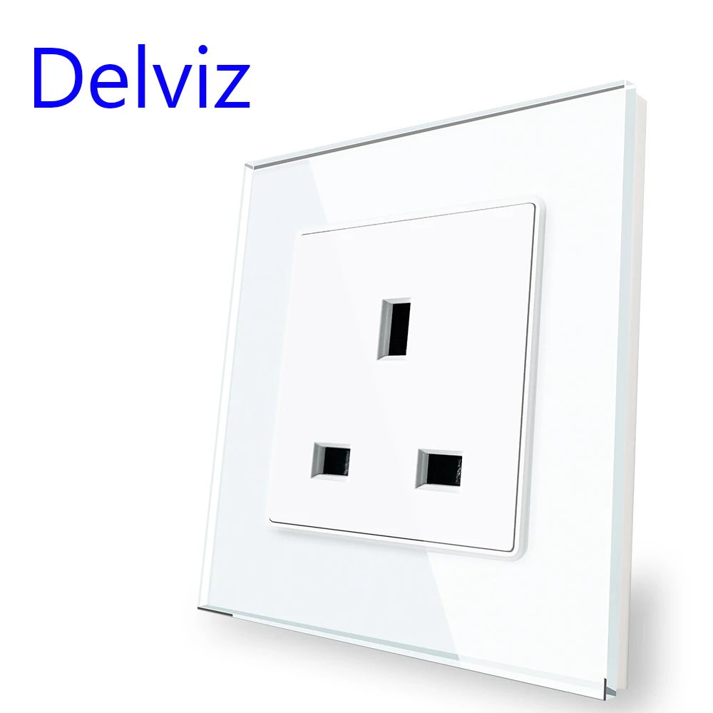 Delviz Tempered Glass Socket, Wall embedded White Crystal Panel, AC 110V-250V, No logo, 86mm*86mm, UK Standard 13A Power Outlet