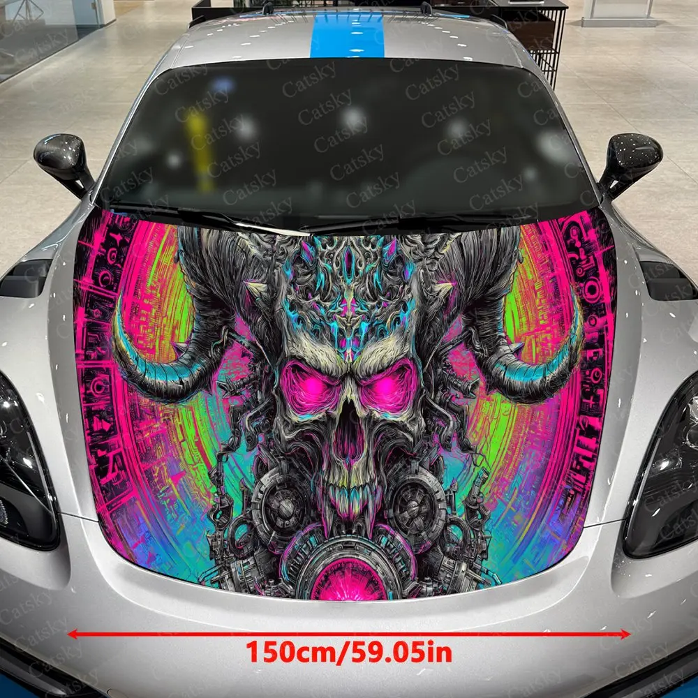 Cyber Demon Skull Car Vinyl Wrap, PVC Waterproof Car Hood Sticker, Self-Adhesive Scratch-Resistant Stickers for Engine Cover