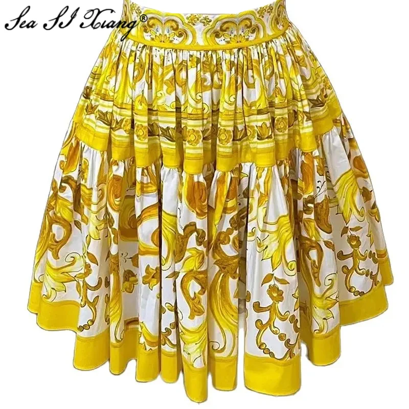 

Seasixiang Fashion Designer Summer Cotton Vintage Skirt Women's High Waiste Indie Folk Print Mini Skirt