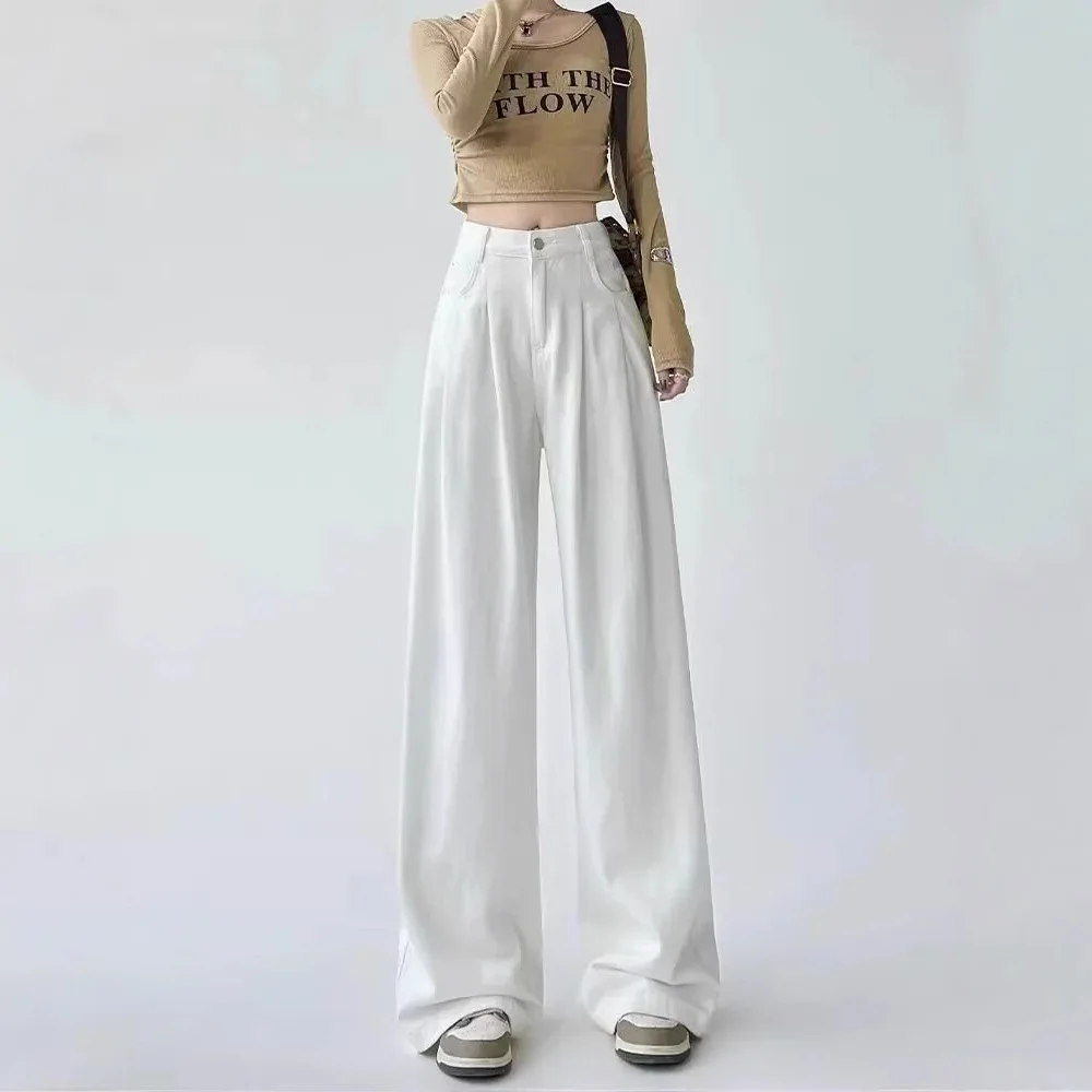White Thin Pleated High Waist Non-Light Wide Leg Jeans Women's American High-End Loose Straight Lazy Floor-Length Pants