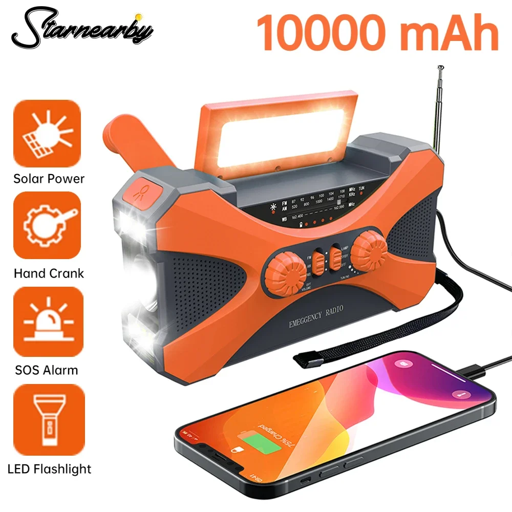 

10000mAh Portable Radio Hand Crank Solar Radio FM Emergency Radio Speaker Rechargeable Weather Radio Flashlight Power Bank