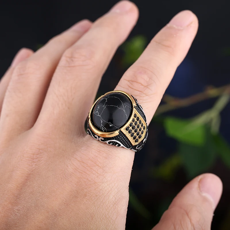 Dropshipping Vintage Gothic Style Black Stone Ring 316L Stainless Steel Craved Ring Men and Women Fashion Biker Jewelry Gift