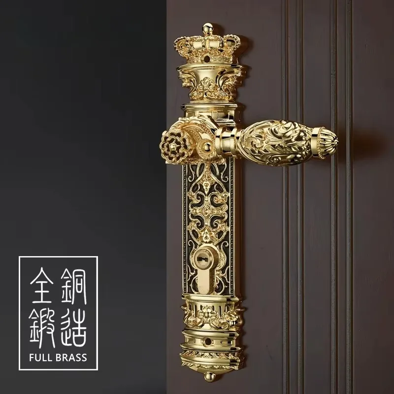 Wooden door locks are silent brass European villa solid wood bedroom door locks with golden antique bronze
