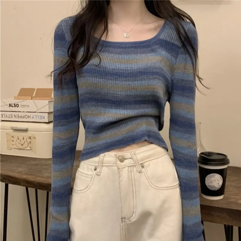 Slim Casual Long Sleeve Pullovers Interior Lapping Fashion Square Collar Tops Undercoat Sweaters Vintage Women Clothing 2023