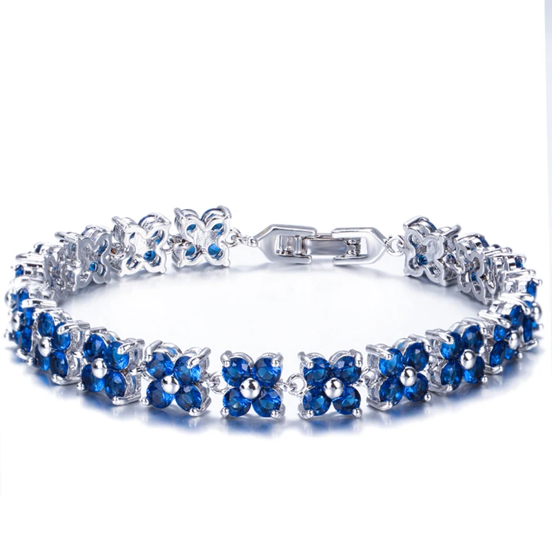 

ThreeGraces Trendy Blue Cubic Zirconia White Gold Color Flower Shape Fashion Party CZ Tennis Bracelet for Women Jewelry BR353