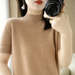 Frühling Herbst Frauen Pullover Casual Warme Bodenbildung Shirts Mock Neck Grundlegende Strickwaren Kurzarm Pullover Koreanische Mode Jumper