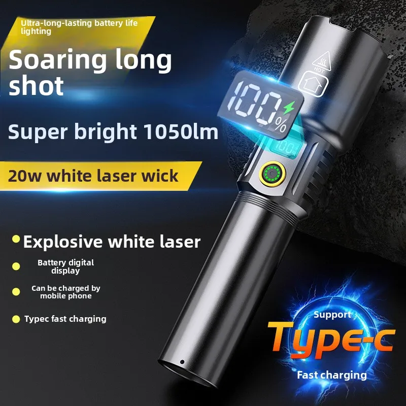 Rechargeable Portable White Laser Flashlight Lumens Super Bright Outdoor Focusing Long Range Camping Hiking Torch
