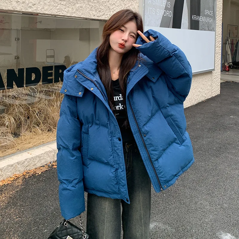 

White duck down short style hooded down jacket women in winter new Korean version solid warm and loose bread jacket