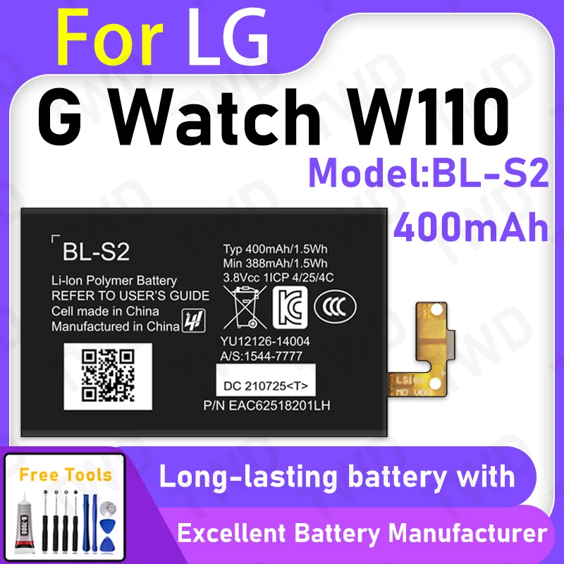 

100% New 400mAh BL-S2 Battery For LG G Watch W110 Battery Replacement Bateria+Free Tools