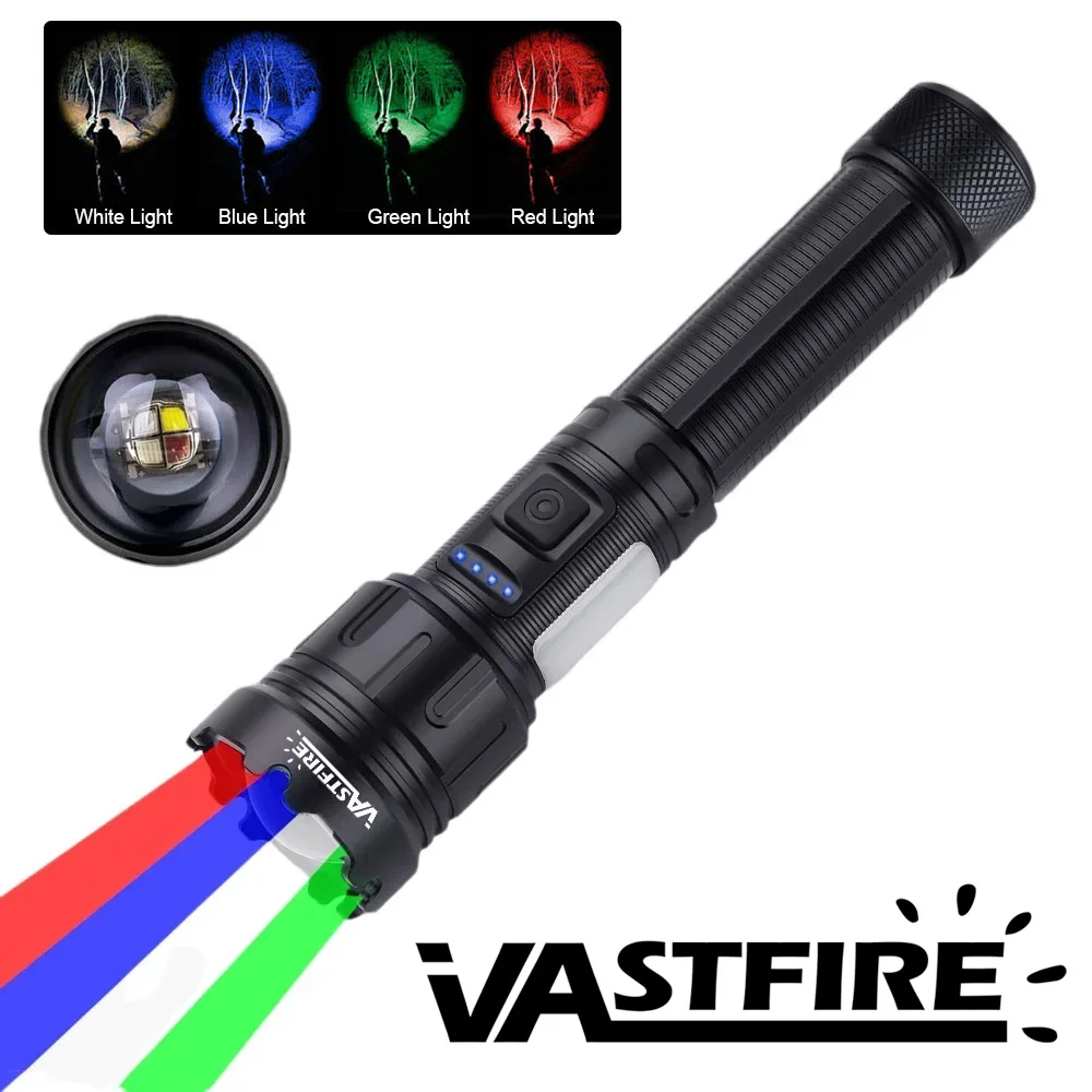 

4 в 1 масштабируемый охотничий фонарик 30 Вт 4000 лм белый + зеленый + красный + синий 7 режимов многоцветный уличный водонепроницаемый зарядный фонарь типа C