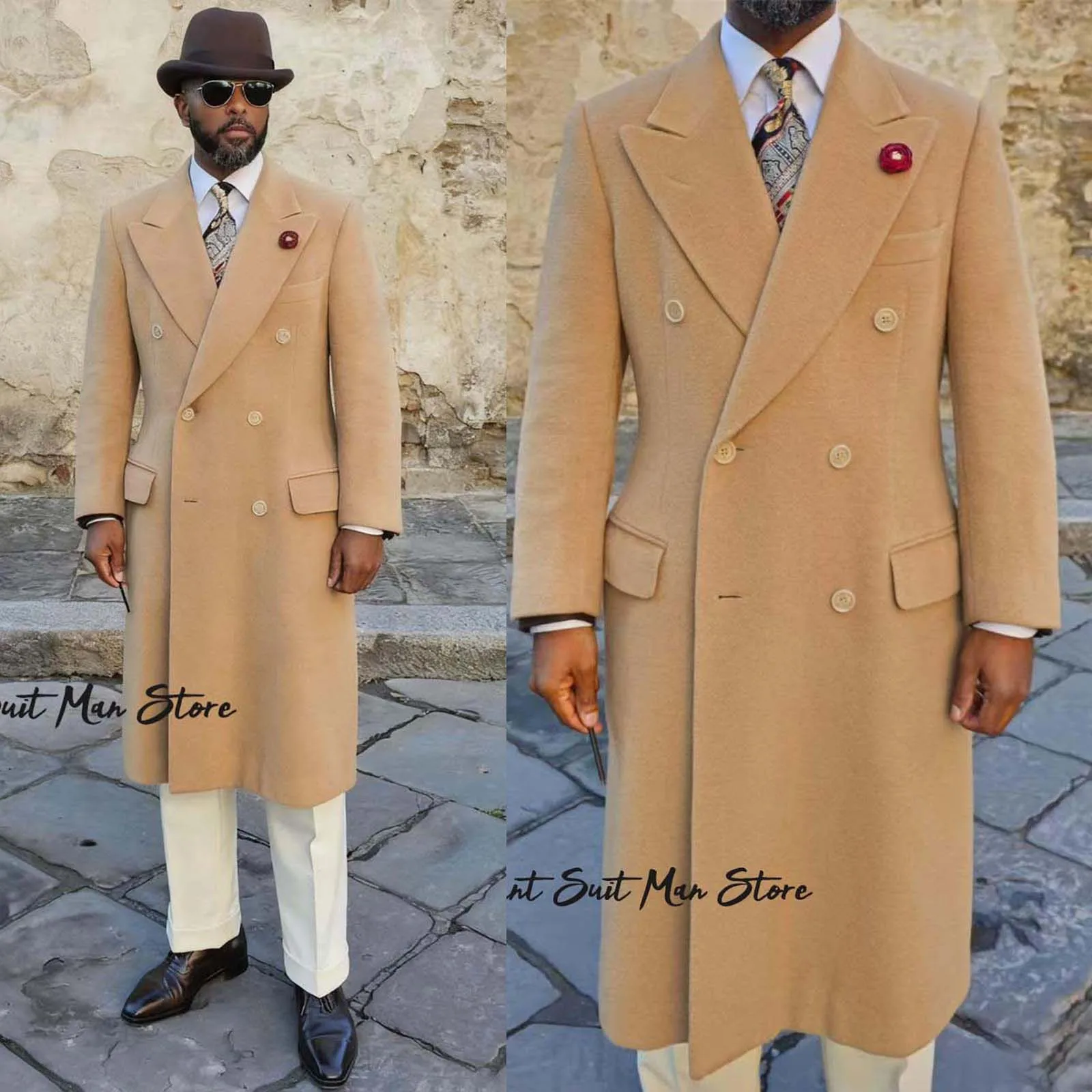 

Wool Camel Classic Winter Men overcoat Italian style Long style Blazers Double Breasted Peak Lapel Customized Male Business Coat