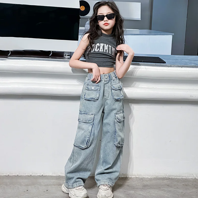 Fashion Girl Summer Fall Jeans 2024 New Children\'s Cargo Pants Wide Leg Long Pants Kids Soft Multiple pocket Denim Thin Trousers