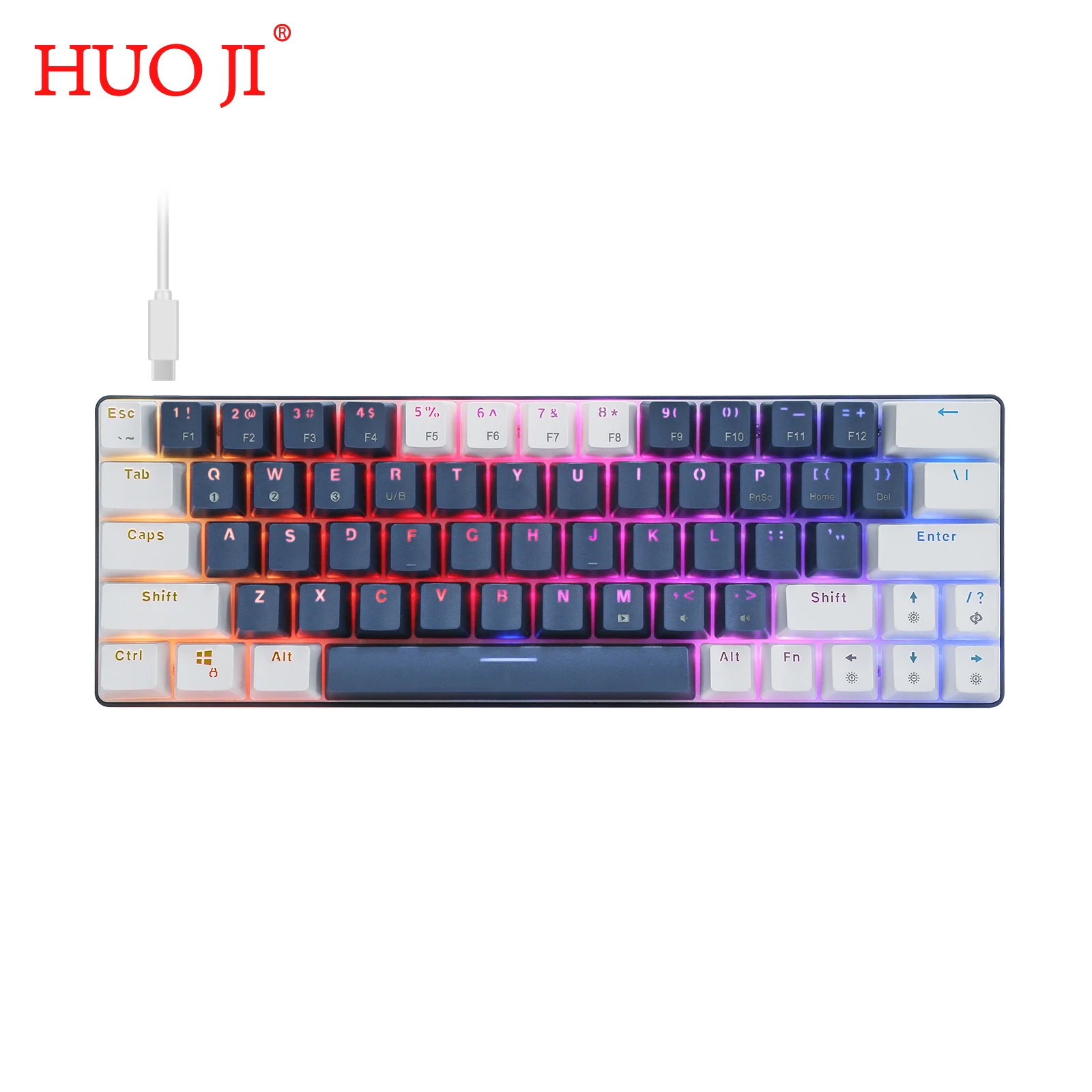 HOU JI CQ63 Wired/Wireless Bluetooth Mechanical Keyboards 63 Keys RGB LED Backlit Gaming Keyboard for Laptop iPhone iPad PC