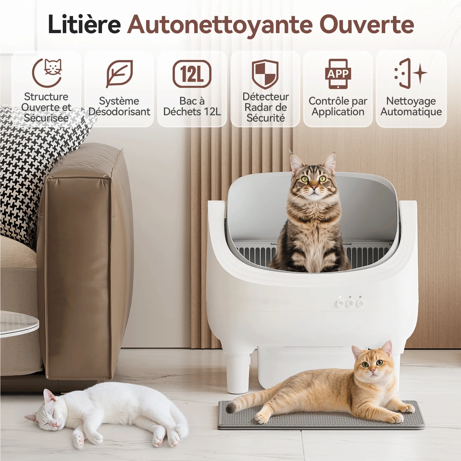 Toilette pour chat autonettoyante HOMALL, design ouvert, toilette automatique intelligente pour chat, WIFI 2.4G, contrôle des odeurs