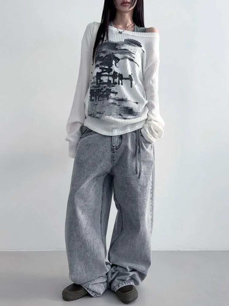 Y2k الأمريكية طويلة الأكمام تي شيرت خمر المرأة عادية غير المتكافئة طوق إلكتروني طباعة القمم مثير Harajuku سليم 2025 الخريف #5