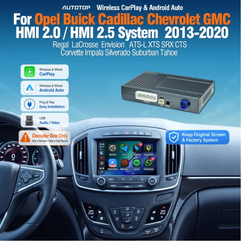 AUTOTOP – bezprzewodowy moduł CarPlay do samochodów Opel Insignia, Vauxhall, Buick Regal, Chevrolet, Cadillac (roczniki 2013–2017), HMI 2.0/2.5, adapter do Android Auto, funkcja Mirror Link, AirPlay, — 2