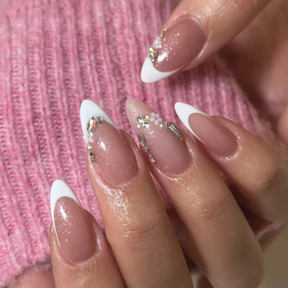 

10 Pcs Manicure Handmade Art Press On Nails Medium Almond Flowers Pattern Nail ABS Nails Cute White French Style Design with Set