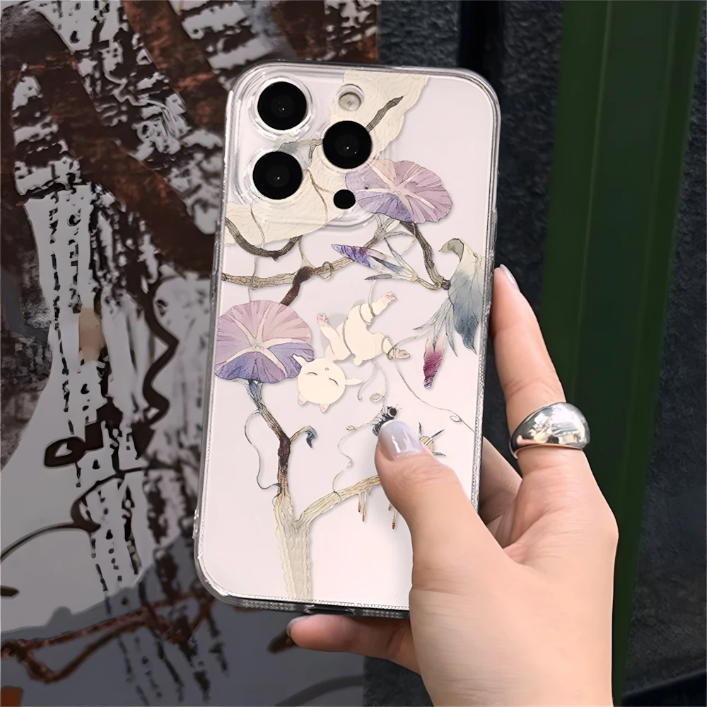 Morning Glory Flower and Cat Clear Floral Case for iPhone 16 11 12 13 14 15 Pro Max Xs XR 8 Plus Ultra Thin Soft Silicone Cover