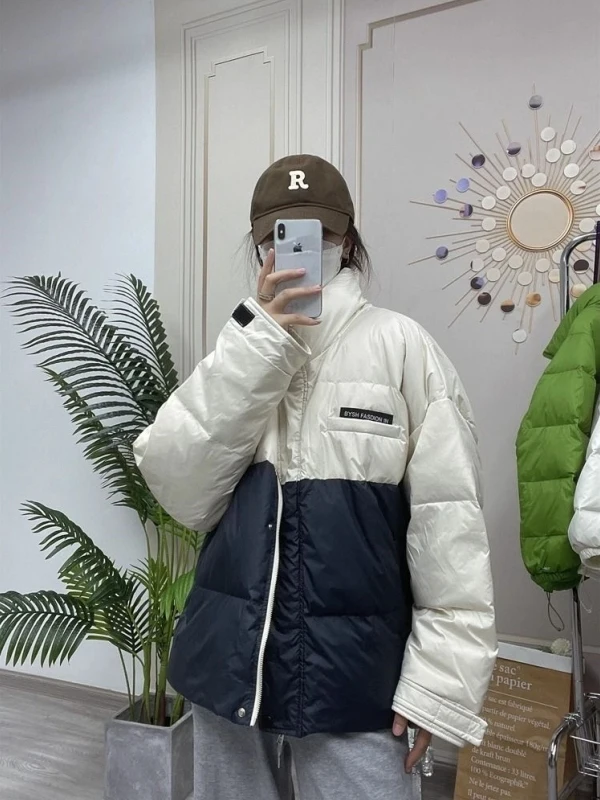 plus Size down Cotton Jacket Coat Unisex Winter Korean Style Ins Color Block Stand Collar Bread Warmth Youth Popular Long Sleeve