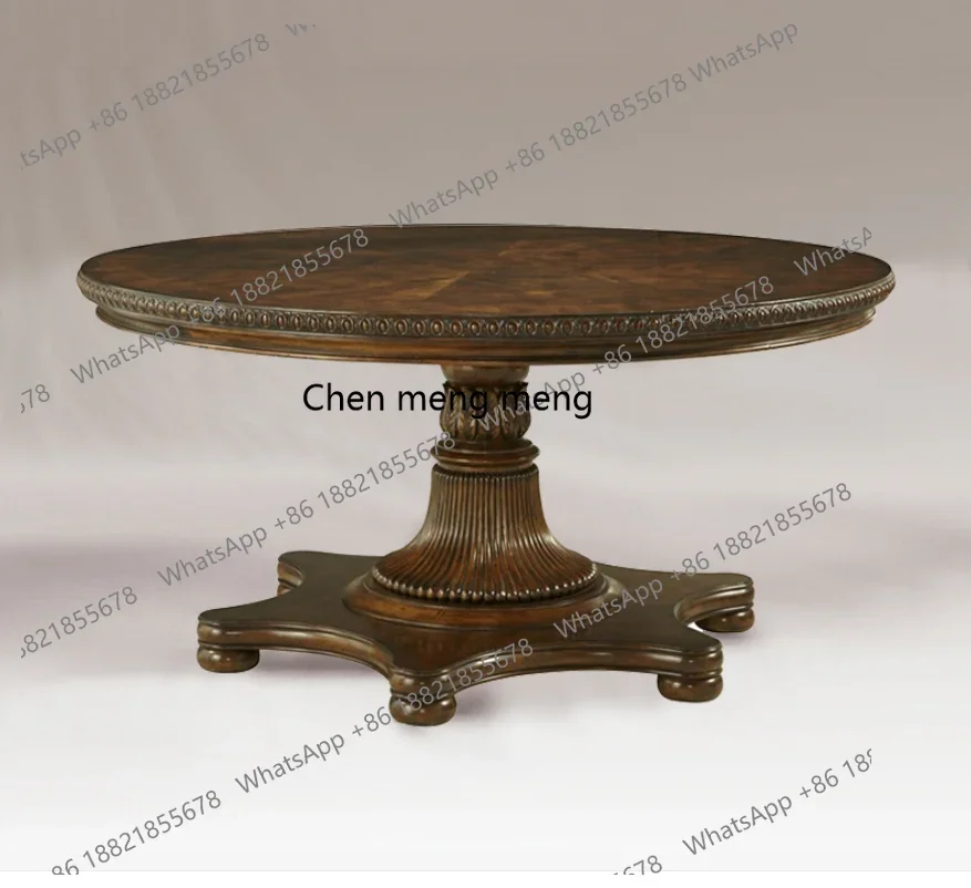 Pure American retro peach blossom core solid wood 1.5 meters round dining table villa home carving old high-end customization