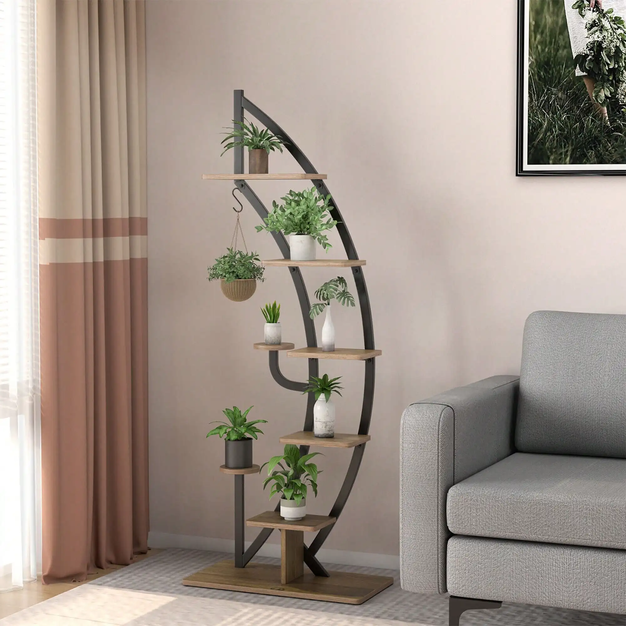 6 Tier 9 Potted Metal Plant Stand Rack Curved Stand Holder Display Shelf W/ Hook Outdoor Decor