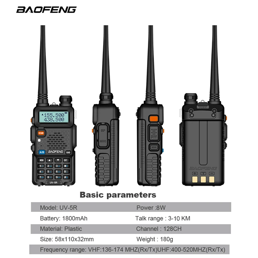 Baofeng UV 5R Walkie Talkie ad alta potenza a lungo raggio Dual Band Two Way VHF UHF FM ricetrasmettitore Radio da caccia