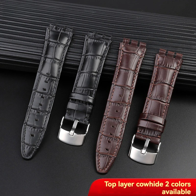 حزام ساعة من جلد البقر الأصلي 21 ملم لسلسلة سواتش YVS451 YVS420 YVS435، حزام بديل بواجهة مقعرة ومحدبة للرجال