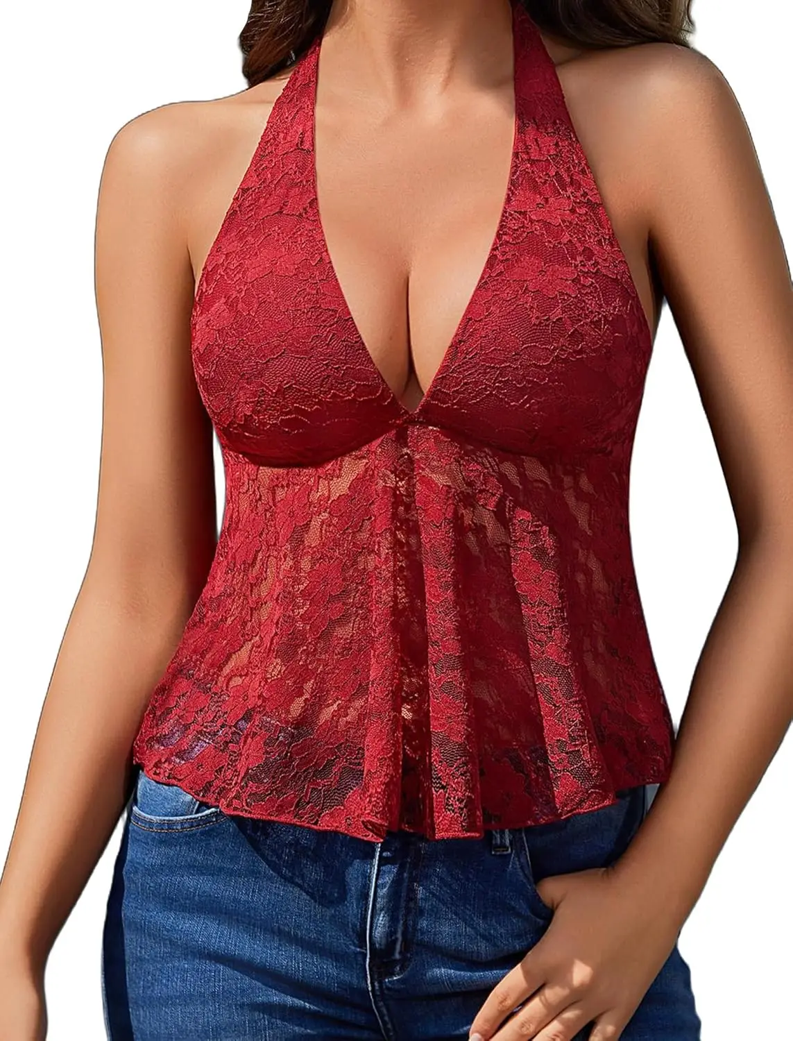 

Lace Tops for Women Sexy Deep V Halter Top Flowy Babydoll Tank Shirt Going Out Y2k Summer Outfits