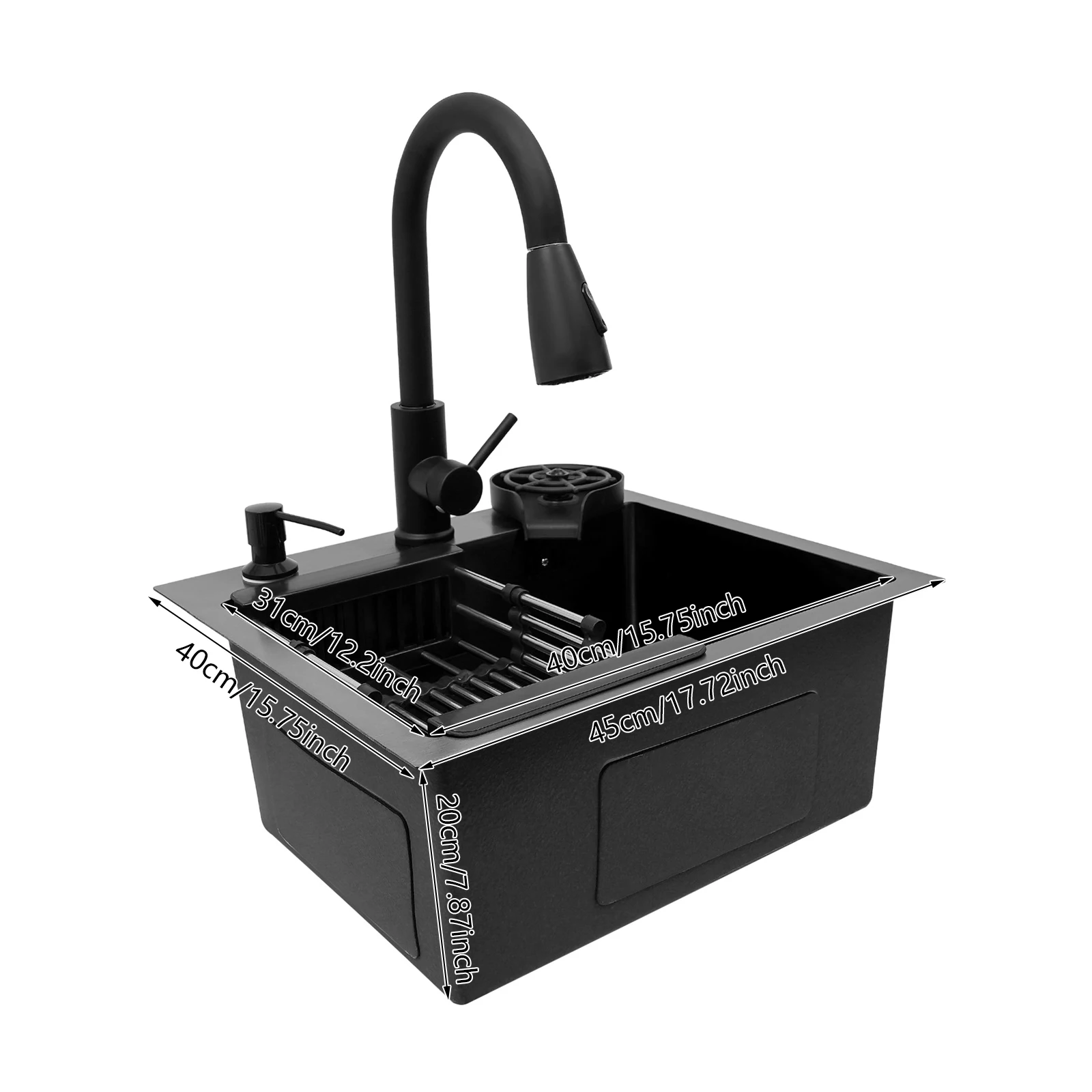 45x40/60x45cm multifunctionele aanrecht, roestvrijstalen spoelbak met enkele kom en uittrekbare kraan, bekerspoeler, mand, zeepdispenser