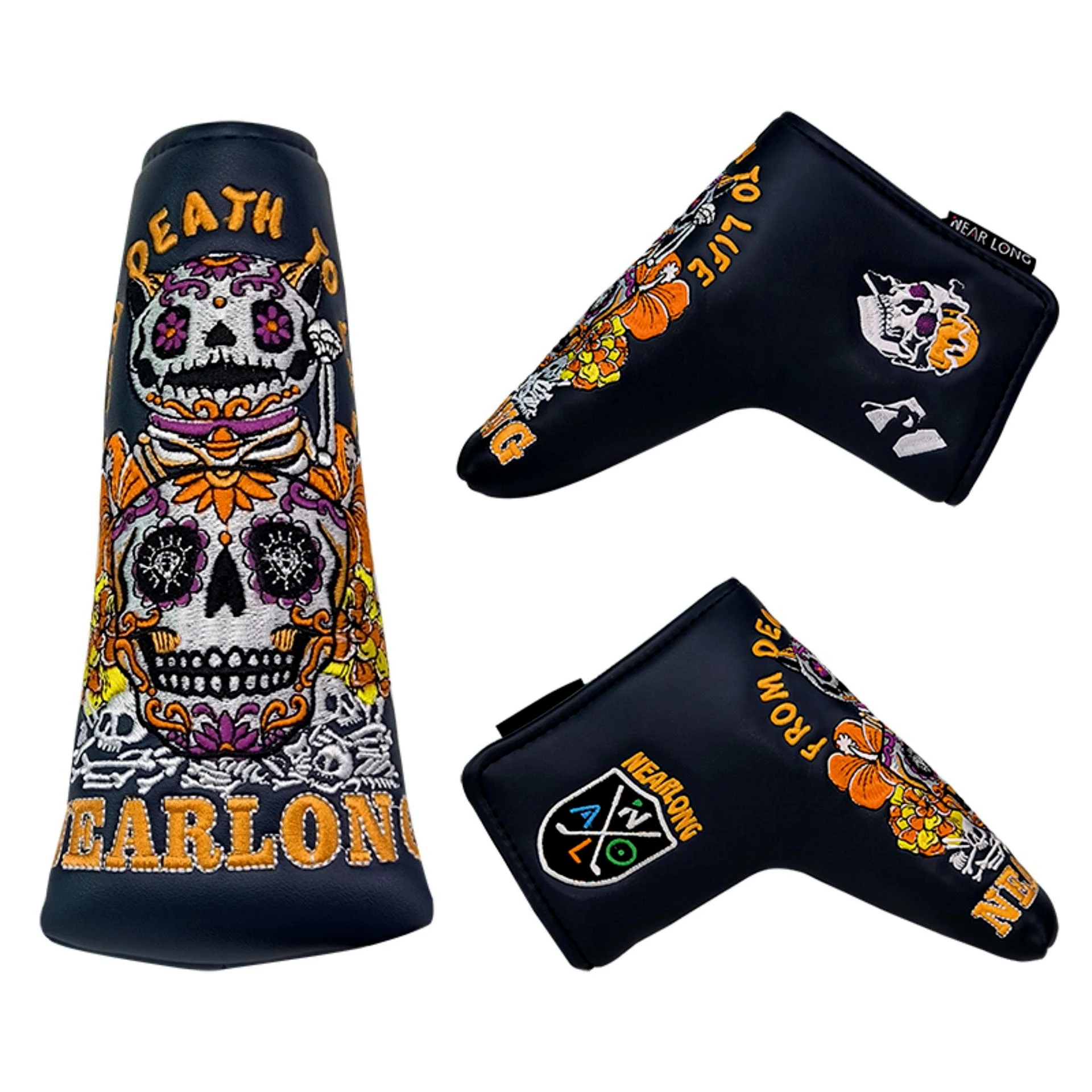 High Quality Golf Club Putter Head Cover, Magnet Straight Putter Cover, Skull Embroidery Golf Putter Protective