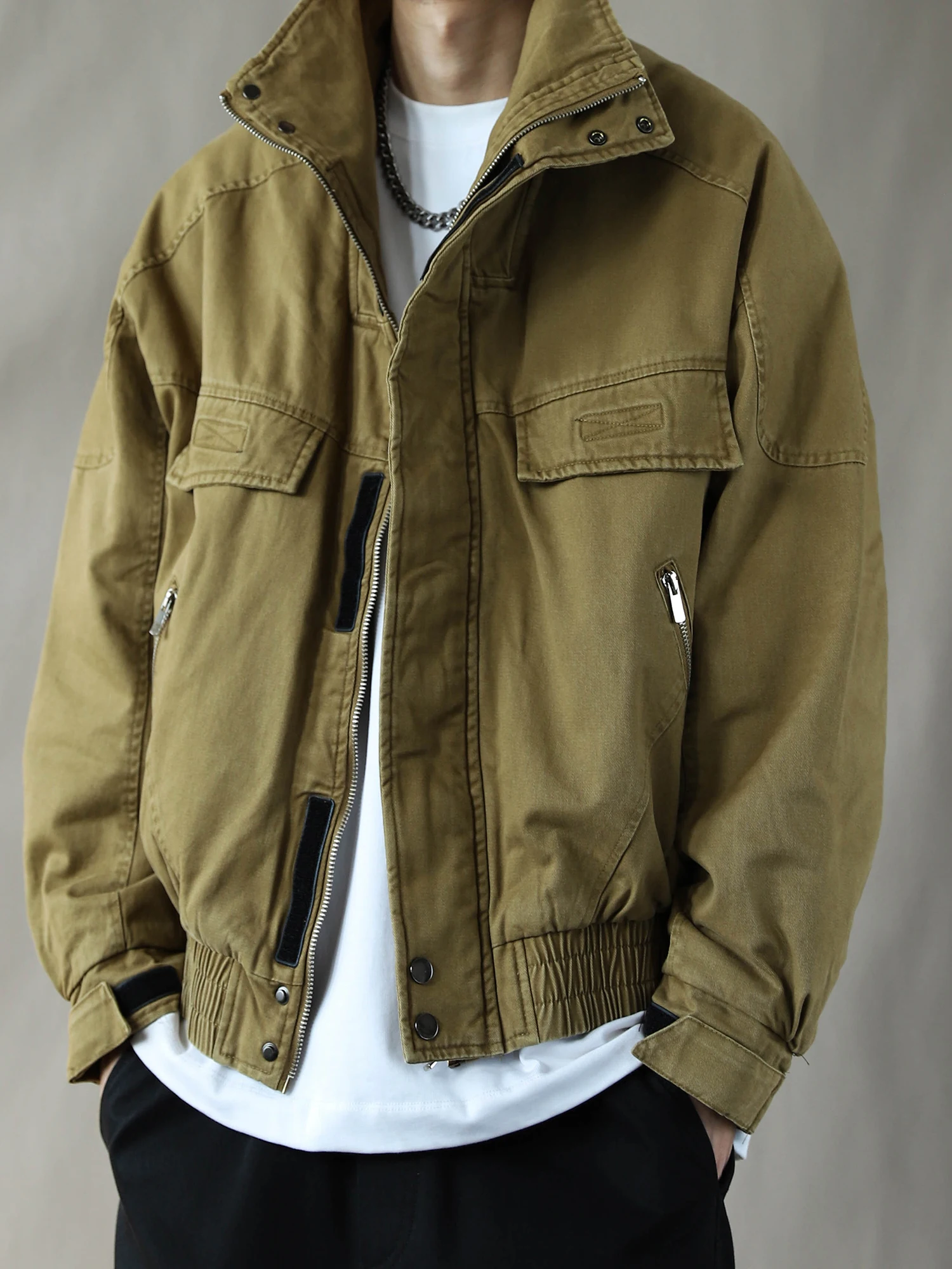 

Мужская рабочая куртка в американском ретро-стиле с воротником-стойкой, хлопковая, теплая, свободного кроя, большие размеры, цвет хаки, 2025