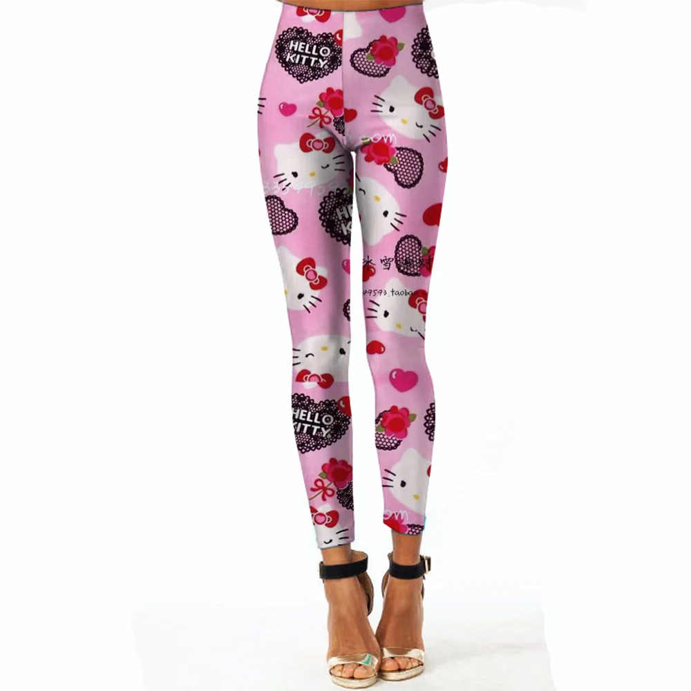 Legginsy do jogi z nadrukiem Hello Kitty, damskie legginsy fitness, spodnie do biegania i jazdy na rowerze, oddychające legginsy sportowe, legginsy treningowe z wysokim stanem