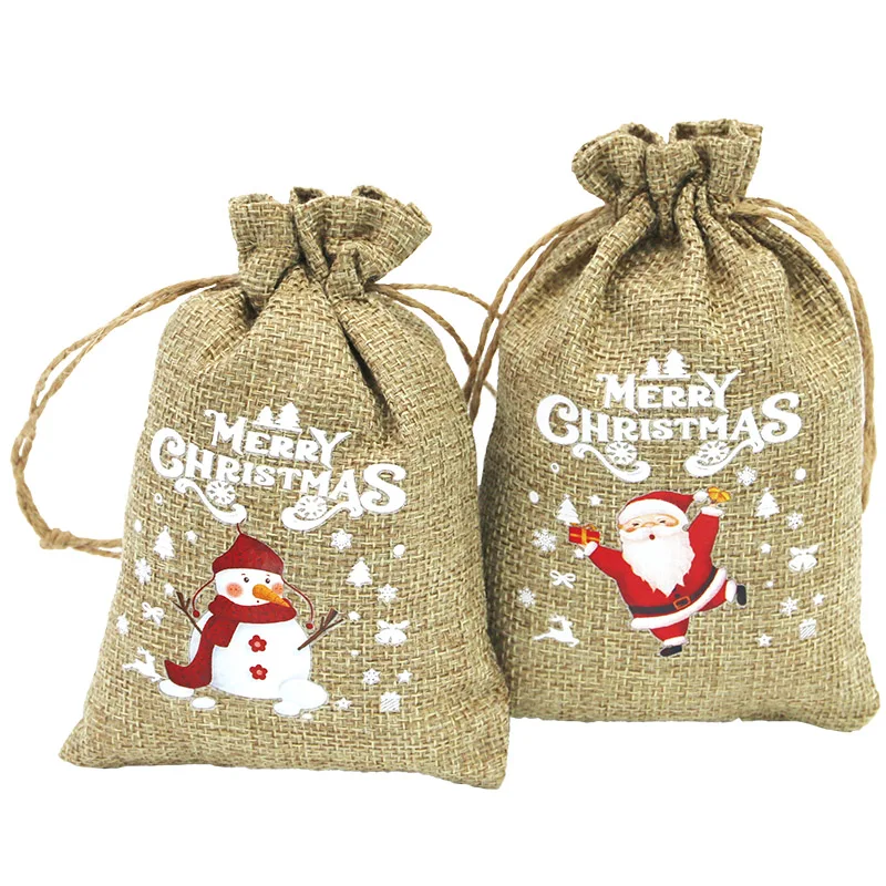 

(5 Pieces/bag) 10 * 15cm Linen Gift Bag Christmas Pendant Bag Packaging Bags Apple Santa Claus Pattern Gift DIY