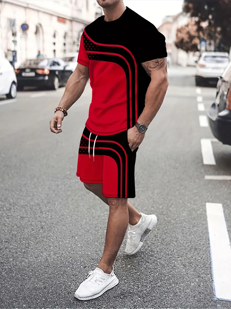 2024 New Summer Men's Suit Outdoor Sports Running Shorts Street Fashion Casual Loose Comfortable T-Shirt Line and Star Print