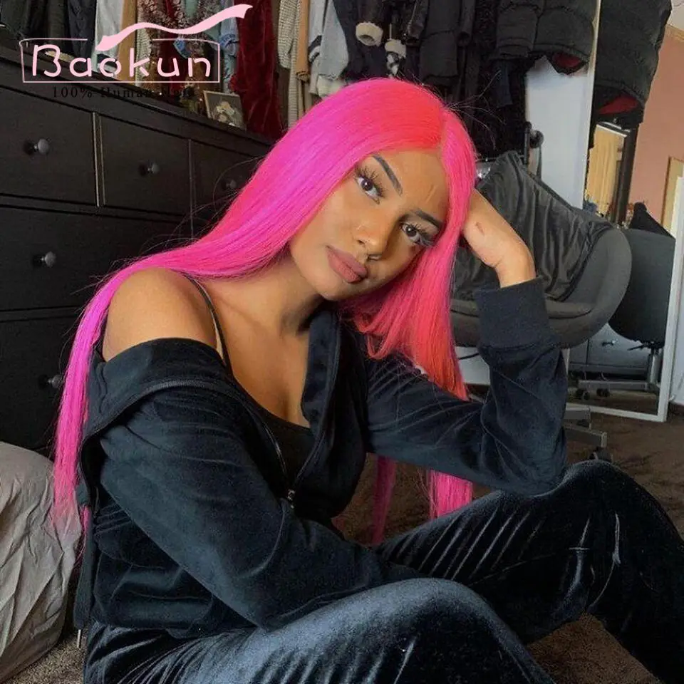 13x6 Hot Pink Straight Lace Front Human Hair Wigs HD Transparent Lace Frontal Wig Pre Plucked 13x4 Lace Front Wigs For Women