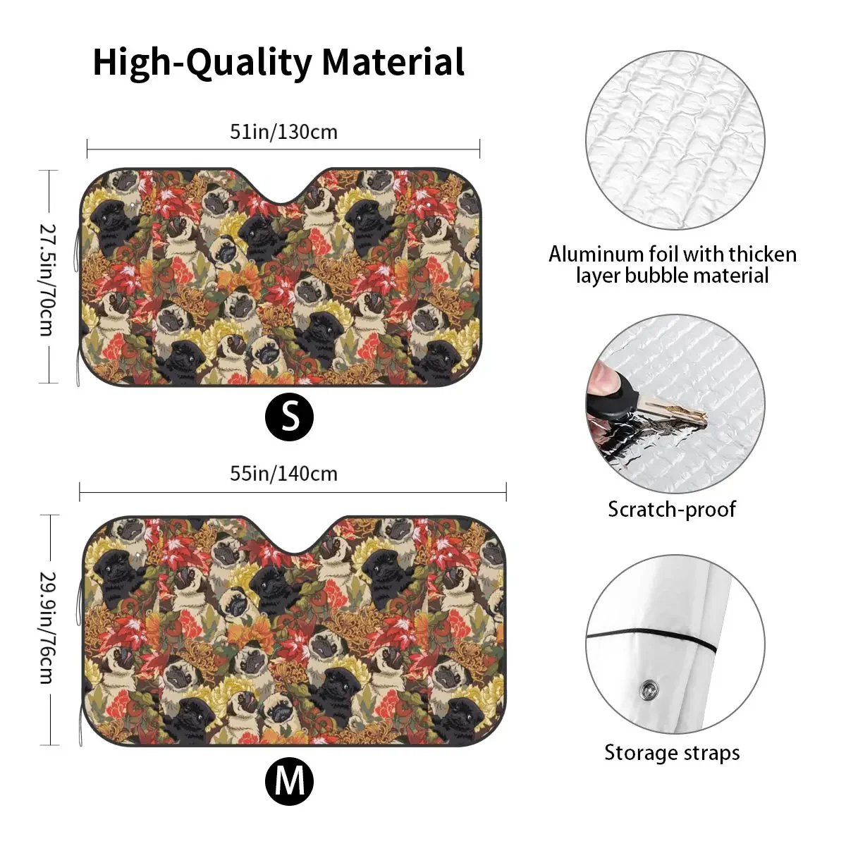 Because Pugs Autumn Camouflage Fashion Windshield Sunshade 76x140cm Pug Flower Floral Foils Car Sunshade Solar Protect