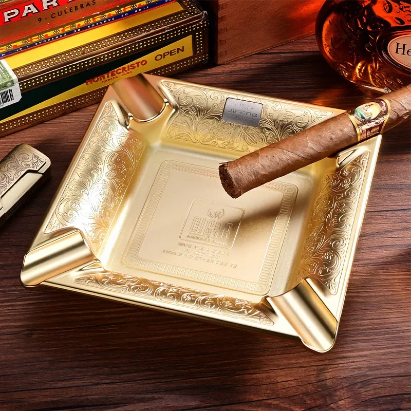 

Classic Carved Square Cigar Ashtray 4 Slot Large Diameter Cigar Ashtray Copper Metal Luxury Cigar Cigarette Tobacco Ash Tray