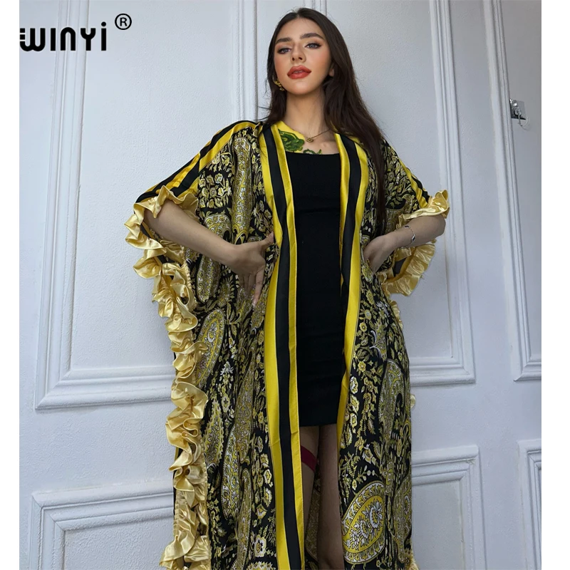 

WINYI summer kimono boho print bohemian kaftans beach outfits for women Elegant lace cardigan beach wear women evening dress