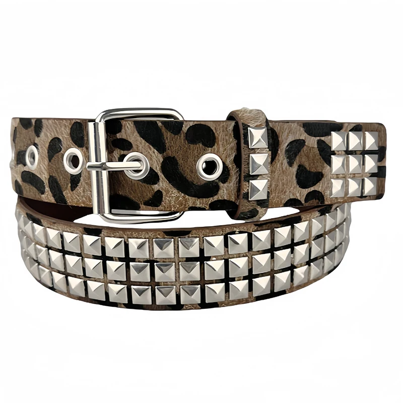 Western Women Leopard Print Square Pyramid Punk Hiphop PU Belt Fashion Jeans Nightclub Rock Belt for Ladies
