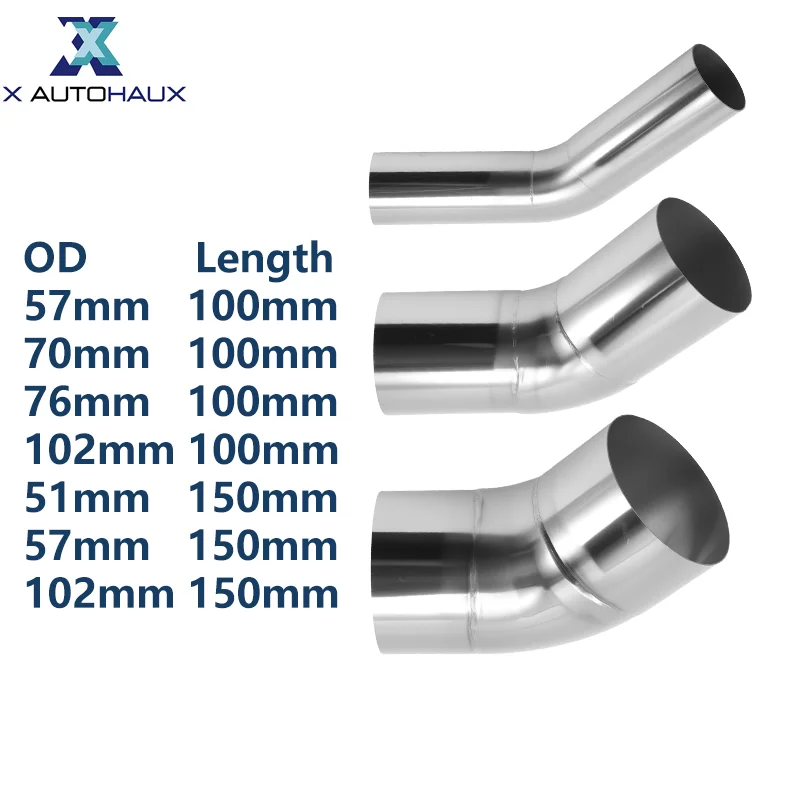 UXCELL 51mm 57mm 76mm 102mm OD Exhaust Bend Pipe T201 Stainless Steel Universal 45 Degree Mandrel Bend Elbow Tube Connection